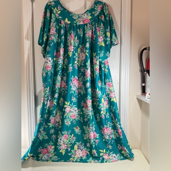 Floral Midi Dress Mumu in Teal with Pink Accents size 3X Casual Grandma Comfy - Picture 2 of 7